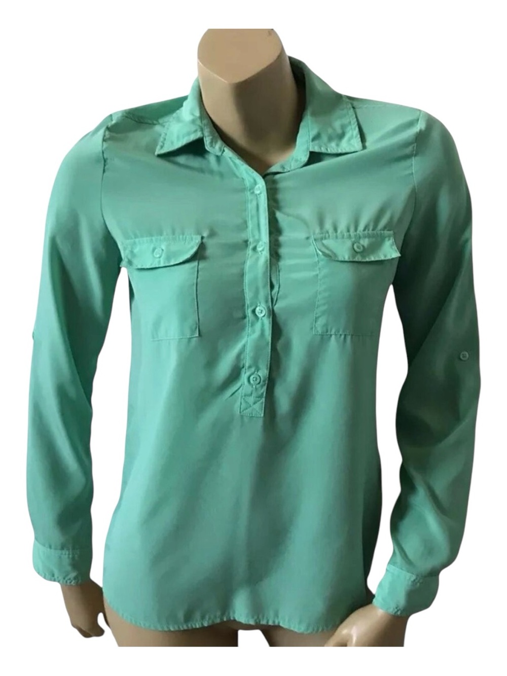 Old Navy Popover Blouse Womens Size XS Green Roll Tab Utility Shirt Pockets